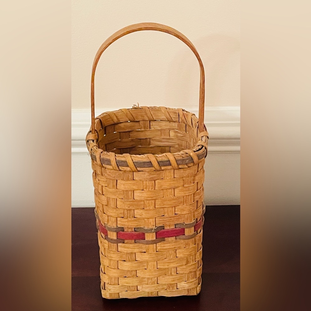 Vintage Primitive Wood Gathering Basket With Handle Handwoven Splint Basket - Picture 5 of 13